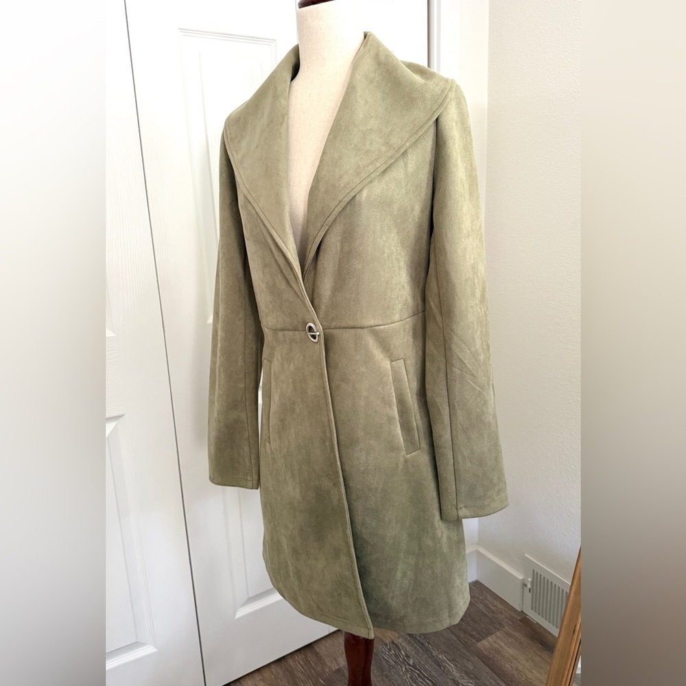 Anthropologie Solitaire Green Faux Suede Trench Coat Size Small